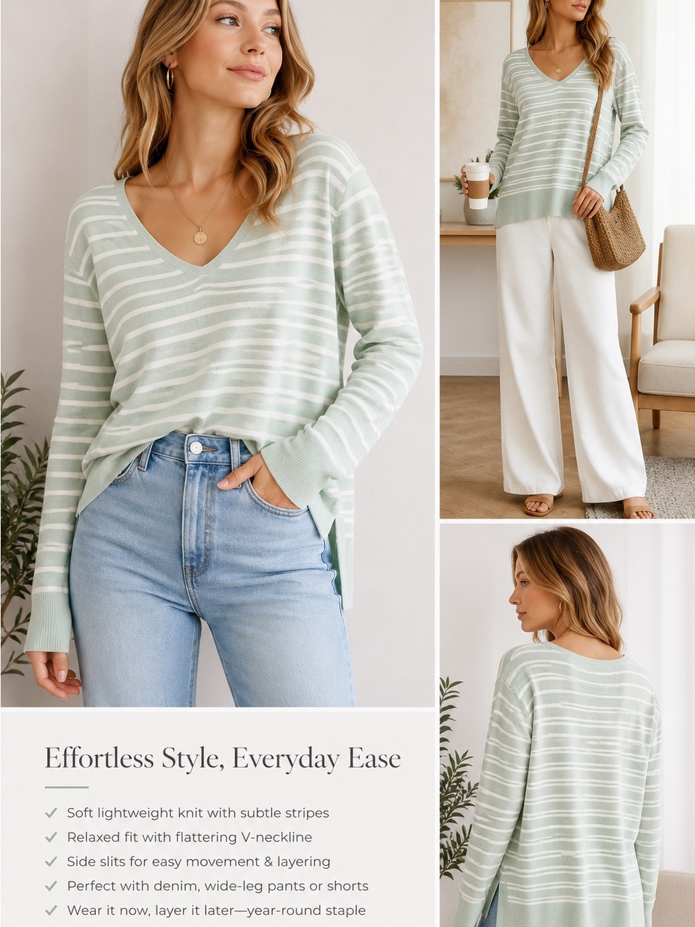 GAP Mint Green & White Striped V-Neck Lightweight Sweater Size M